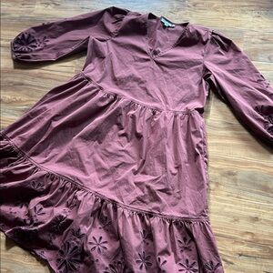 Chico’s Poplin Eyelet Midi Dress Brown Women’s Size 14 Boho-Chic Summer Style